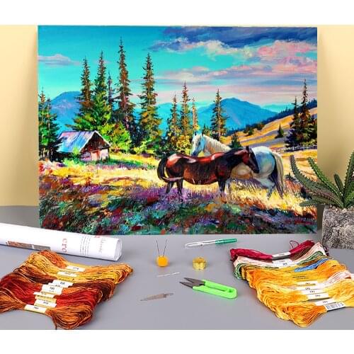 Landscape Horses Printed Water-Soluble Canvas 11CT Cross Stitch Patterns DIY Embroidery DMC Threads Needlework Floss