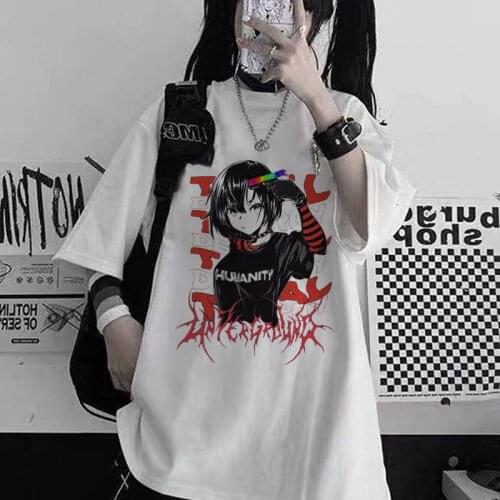 Women T Shirt Harajuku Aesthetic Gothic Punk Short Sleeve O-Neck Tops Women Summer Loose Oversized T-shirt Street Female Clothes