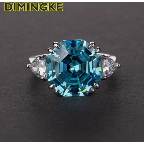 DIMINGKE 12*12 High Carbon Diamond Aquamarine Super Flash Female Ring 100%-S925 Wedding Silver Wedding Party Fine Jewelry