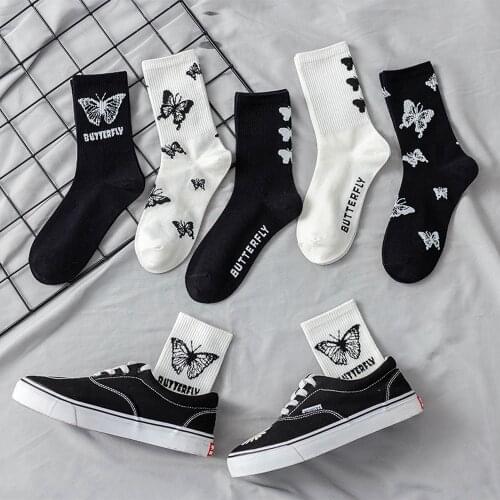 1 Pair Black White Butterfly Cotton Socks Women Girls Fashion Casual Hip Hop Harajuru Breathable Long Socks