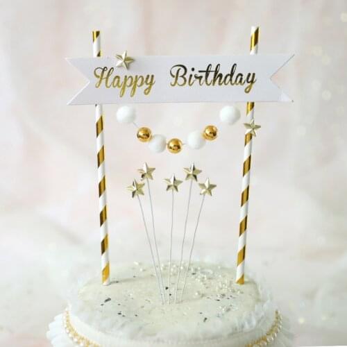 Royal Style Platinum Happy Birthday Banner Flag Gold Ball Star Happy Birthday Cake Topper Love Crown Decorations Party Supplies