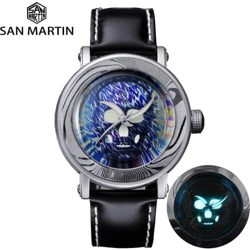 San Martin Diver Watch Limited Skull Damascus Steel Luxury SW200 Men Automatic Watch Luminous Mechanical Watches