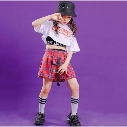 Kids Hip Hop Clothing Sweatshirt Crop Top Tank Vest Red Plaid Skirt Girls Carnival Jazz Dance Costume Cheerleading Clothes Wear