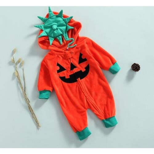 Cute Cartoon Baby Pumpkin Hooded Romper Clothes Long Sleeve Full Zip Jumpsuit Halloween Party Little Girls Boys Costume