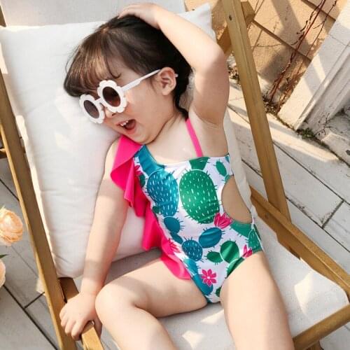Childrens Swimsuit Girl Cute Cactus Swimwear One-shoulder Oblique Shoulder Lace Color Beads 1-7Years Old Baby 2Pcs Pullover Set