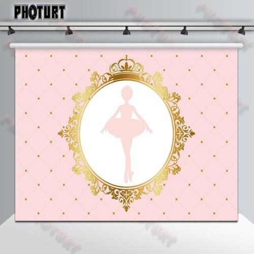 PHOTURT Pink Girls Ballerina Photography Backdrop Gold Frame Crown Plaid Birthday Party Backgrounds For Photo Studio