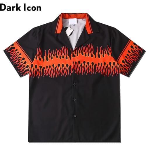 Dark Icon Orange Flame Hawaiian Shirt Men Summer Vintage Street Mens Shirt Man Blouse