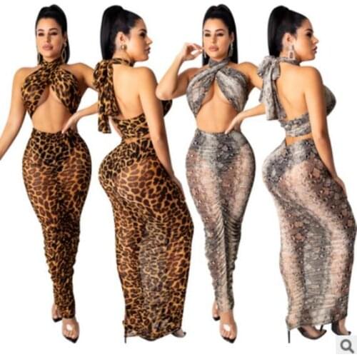 Rebicoo Sexy Wrap Design Top And Ruched Cheetah Print Skirt Set Womens Backless Leopard Mesh Skirt Set 2 Pieces Wholesale