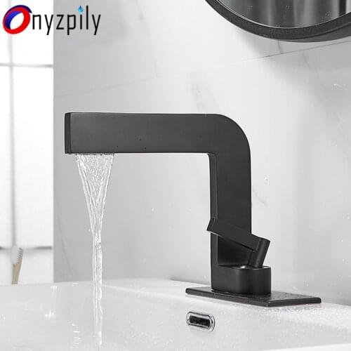 Onyzpily BlackBasin Faucet Bathroom Deck Mounted Waterfall Sink Faucets Light luxury Modern Water Crane Hot Cold Water Mixer Tap