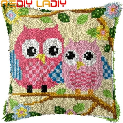 Latch Hook Cushion Cartoon Owls Pillow Case Pre-Printed Color Canvas Acrylic Yarn Latched Hook Pillow Crochet Cushion Cover Kits