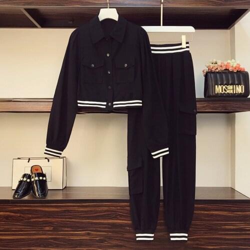Fashion plus size women sports two piece sets 2021 spring new casual cardigan jacket and patchwork striped pants two piece suit