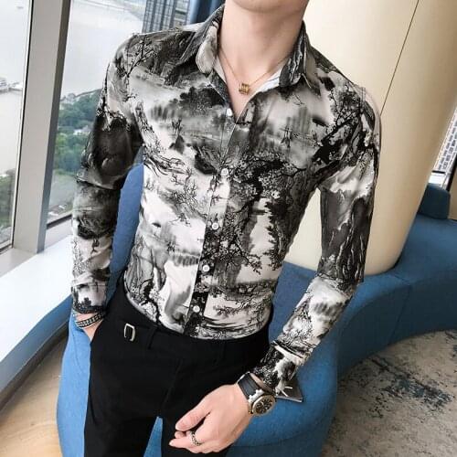 Korean Slim Fit Men Shirt Brand New Long Sleeve Print Mens Casual Shirts Night Club/Party/Prom Dress Shirt Male Clothing 3XL-M