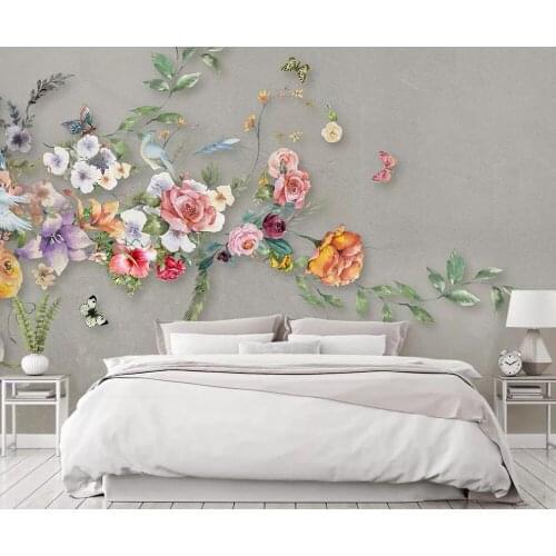 Customized large-scale 3D mural wallpaper Nordic minimalist hand-painted flower butterfly marbled background wall painting