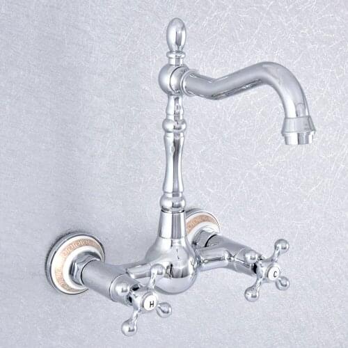 Polished Chrome Dual Handles Bathroom Kitchen Sink Faucets Wall Mounted Swivel Spout Two Holes Kitchen Mixer Taps Nsf767