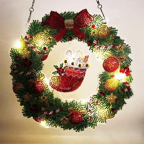 Christmas Diamond Painting DIY Hanging Christmas Flower Wreath Kit Home Door Decor Diamond Painting Night Light with Keychain