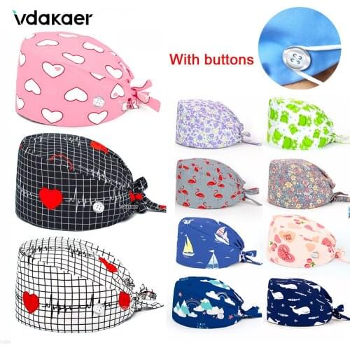 With Buttons Adjustable scrubs women Unisex Printing Scrub Hat Beauty Salon Working Caps Nurse Hat Elastic Nurse Accessories