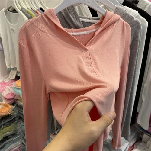 Knitted Hooded Solid Women T-Shirts Summer New 2021 Long-Sleeved Slim Casual All Match Female Pulls Tops Tees