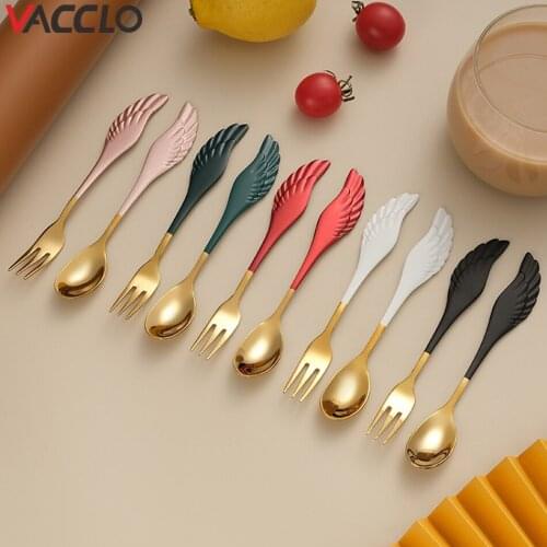 Vacclo 2pcs/lot Stainless Steel Creative Cute Wings Fork Spoon Set Ice Cream Dessert Coffee Spoon Fruit Fork Kitchen Bar Tools
