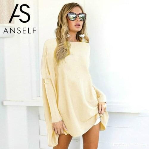Anself Women Loose T-shirt O Neck Batwing Long Sleeves Flared Hem Female T shirt Oversized Tunics Tees Shirts Long Casual Tops