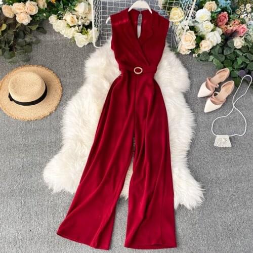 Fashion 2021 Slim Office V Neck Summer Tank Full Length Jumpsuit Casual Women Sleeveless Elegant Playsuit High Waist Tie Romper