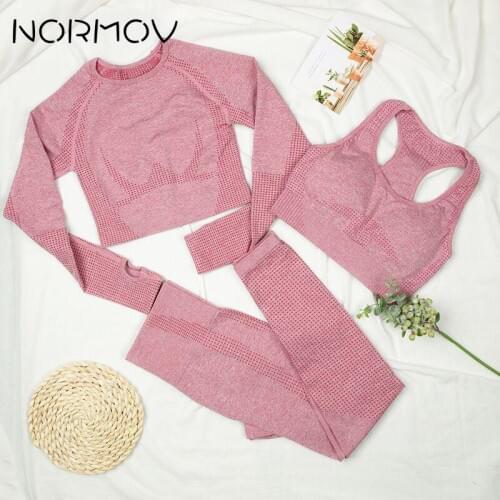 NORMOV Women Seamless Vital Yoga Set Solid Sports Set Seamless gym clothes Long sleeve workout 2/3 piece set