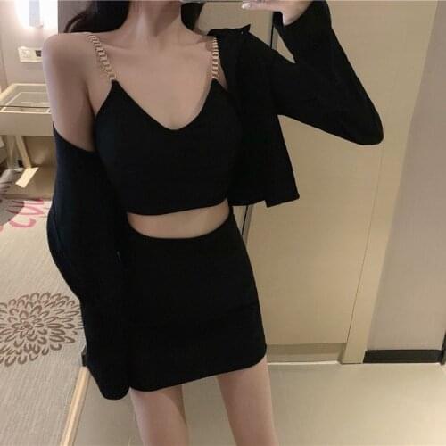 Korean Three-piece Womens New Slim Short Coat + Small Sling + High Waist Half-length Bag Hip Skirt Suit Girls Three-piece Suit