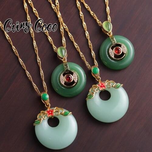 Cring Coco Peace Buckle Necklaces Womens Green Jade Stone Round Flower Pendant Necklace Chinese Classical Jewelry for Women New
