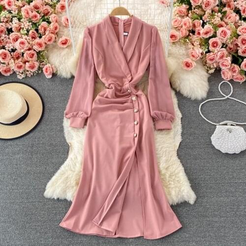 Aibeautyer New Autumn Casual Solid Slim Button Lady Full Dress A Line V Neck Lantern Sleeve Chiffon Pullover Women Dresses