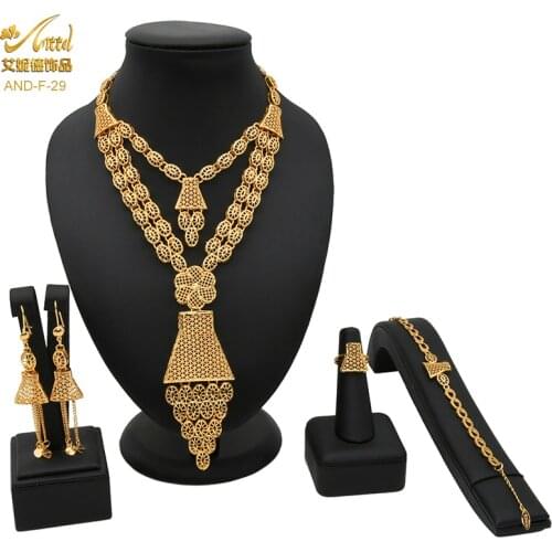 Gold Jewelry Necklace Set Ethiopian Wedding Bride Luxury Earring Ring Egyptian Designer Wholesale Fashion Bracelets Dubai