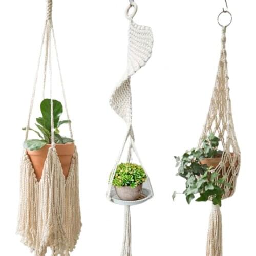 2021 Ins Woven Tapestry Flower Basket Hanging Planter With Tassels Hand-woven Cotton Flower Pots Tapestry Net Bag Home Decor