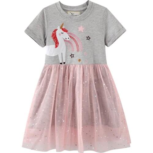 Jumping Meters New Arrival Summer Animals Applique Tutu Princess Party Dresses Cotton Cute Unicorn Embroidery Children Clothes