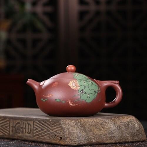 Pot of rhyme yixing recommended bordeaux sea mud painting lotus pond moonlight teapot kung fu tea set gift wholesale