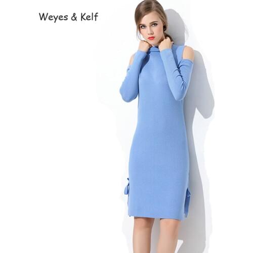 Weyes & Kelf Sprint Off Shoulder Cashmere Dress Women Winter Loose Wool Knitted Dress Hollow Out Sexy Women Party Dresses Robe