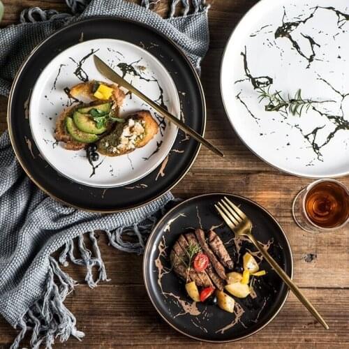 10-inch ceramic dishes Household round flat plate Western steak plate 8-inch ceramic marbled gold-plated black dessert plate