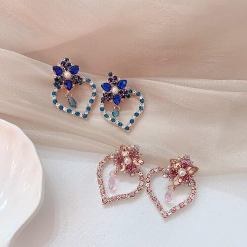 Korean Colorful Rhinestone Long Heart Drop Earrings for Women Students Luxury Pendientes Jewelry Gifts Fashion Tassel