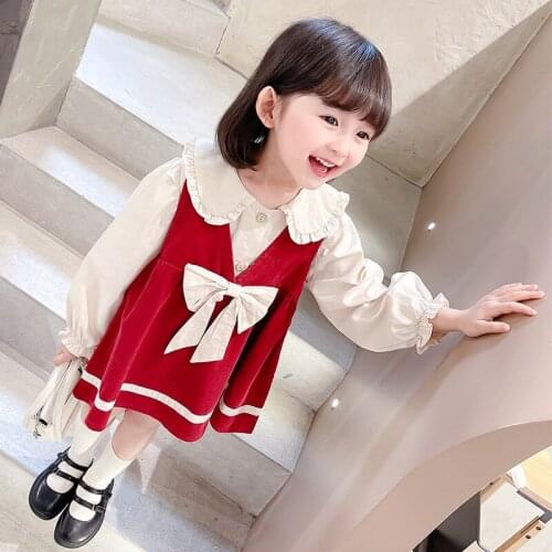 Girls Bow Lace Dress Sets Cute Long Sleeve Little Girl Shirt Clothing Suits for Children Outfits 1-8Years