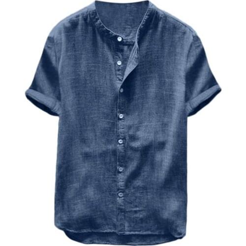 Summer Men Cotton Linen Blouse Casual Solid Color Short Sleeve Cotton Linen Button Down Beach Loose Holiday Shirt Comfortable