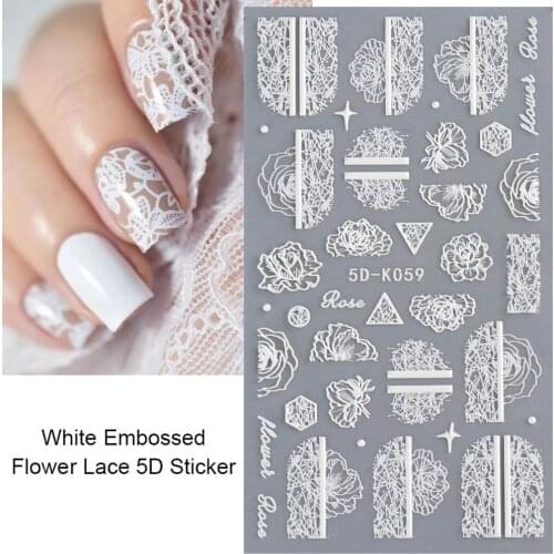 5D Acrylic Engraved Nail Sticker White Embossed Flower Sliders Nail Art Decorations Lace Wedding Design All For Manicure