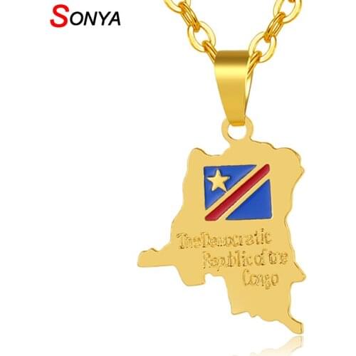 SONYA Democratic Republic Of The Congo Map Small Pendant Necklace Gold Color DRC Jewelry For Women Girl Gift Bijoux Femme
