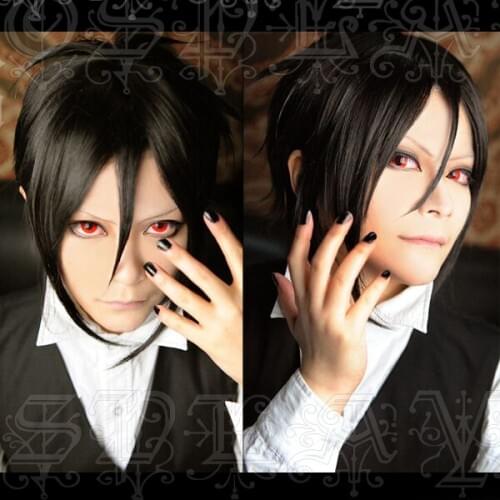 Anime Black Butler Sebastian Michaelis Cosplay Wigs Short Black Heat Resistant Synthetic Hair Wig + Wig Cap
