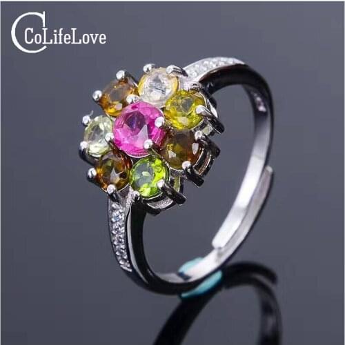 Romantic tourmaline silver ring for girl 3mm natural mutlicolor tourmaline ring solid 925 silver flower gemstone ring