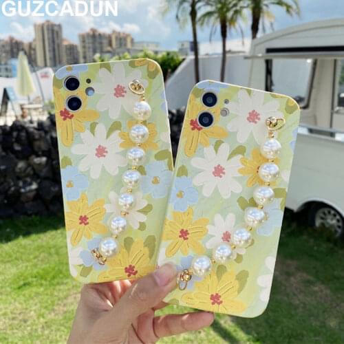 Luxury Pearl Bracelet Chain Phone Cases for Iphone 12 Pro Max 11 Pro Max 7 8 Plus Xr Xs Max X TPU+PU Fresh Flower Pattern Cover
