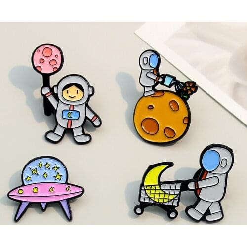 Happy life of astronauts Enamel Brooch Shopping cart moon flying saucer Planet balloon ice cream Lapel Pin Custom badges
