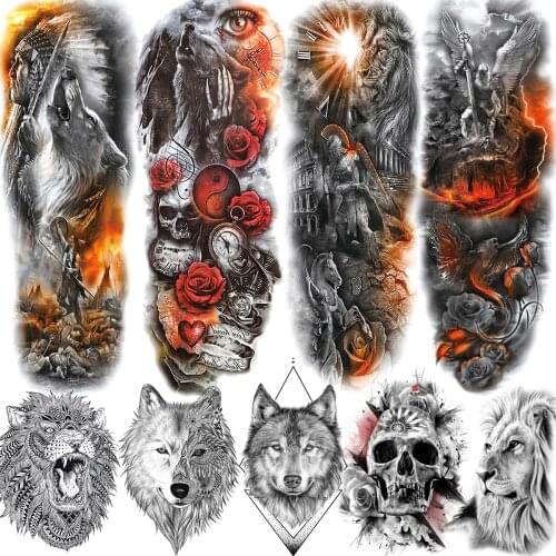 Golden Military Wolf Temporary Tattoos Sleeve For Men Adult Fake 3D Lion Skull Tatoos Sticker Full Arm Warriors Tattoos For Show