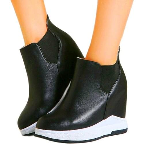 EUR34-46 Party Boots Womens Genuine Leather Platform Wedge Ankle Boots High Heels Pull On Round Toe Oxfords Fashion Sneakers