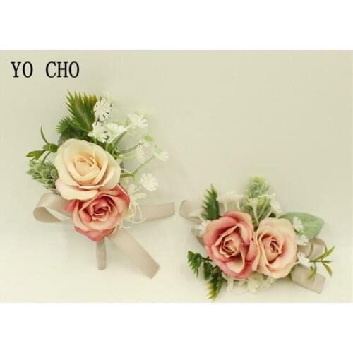 YO CHO High Quality Pinks Artificial Rose Wrist Bride Flowers Bridal Bridesmaid Sisters Hand Flower Silk Lace Prom Wedding Party