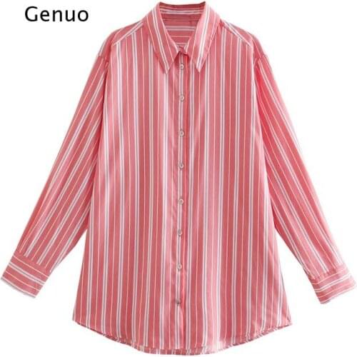 Women Long-Sleeved Straight Shirt Turn-Down Collar Top Female Pink Striped T-Shirt Blusas Workplace Office Work Loose Blouses