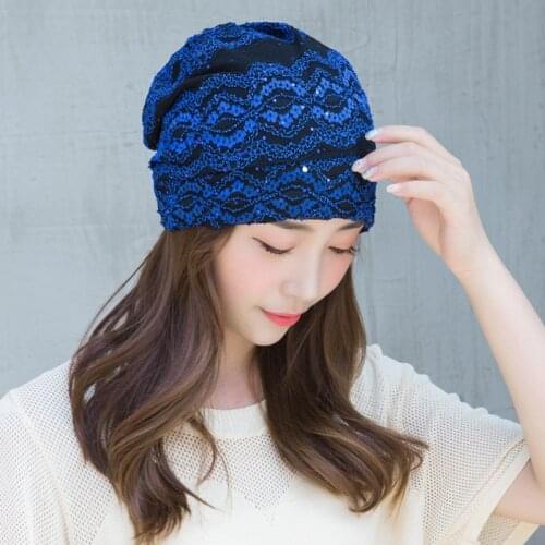 Womens Pullover Hat Lace Spring and Autumn Thin Toque Ethnic Pile Hat Scarf Fashion All-Matching Confinement Cap