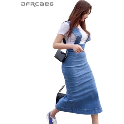 Streetwear Women Suspender Long Skirts Jeans 2020 Summer Sexy Split Casual Slim Denim Strap Jumpsuit Skrits Femme Saia Longas
