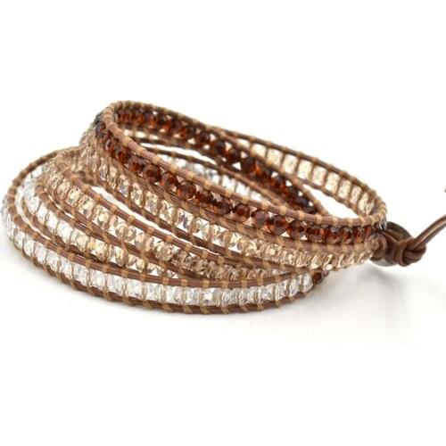 Faceted Crystal Wrap Bracelet for Women Claret Red Champagne White Crystal Genuine 5Times Strand Leather Boho Bracelets Dropship